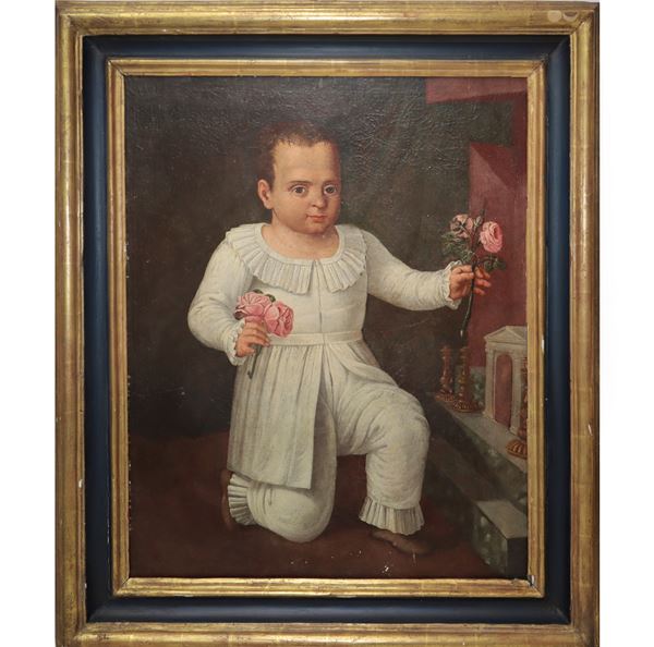 Portrait of a child with pink flowers, in an antique frame