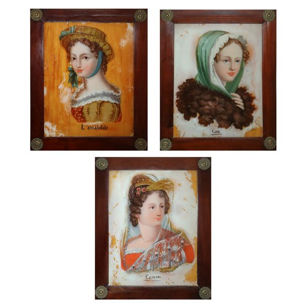 Gruppo di tre dipinti su vetro raffiuranti figure femminili: L'amabilitè, Cara, Cerere.