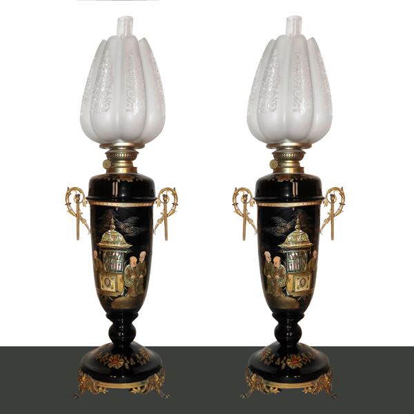 Pair of porcelain lamps painted with chinoiserie