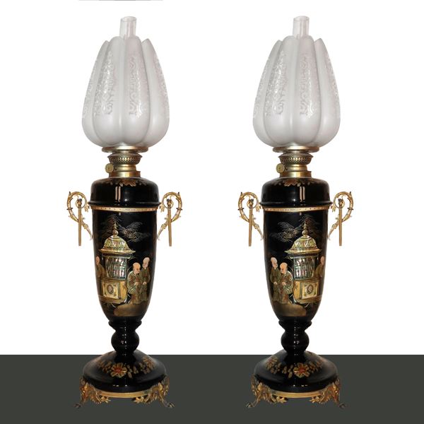 Pair of porcelain lights painted with chinoiserie