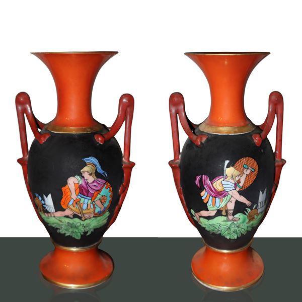 Pair of vases with handles lacquered in shades of orange