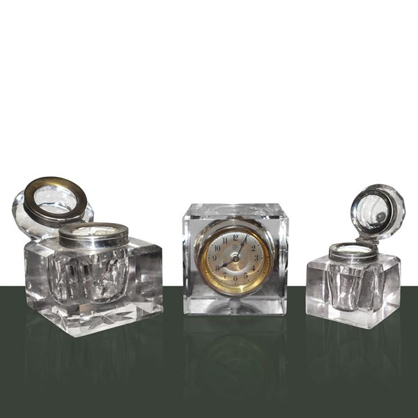 Junghans - Pair of inkwells and crystal clock.