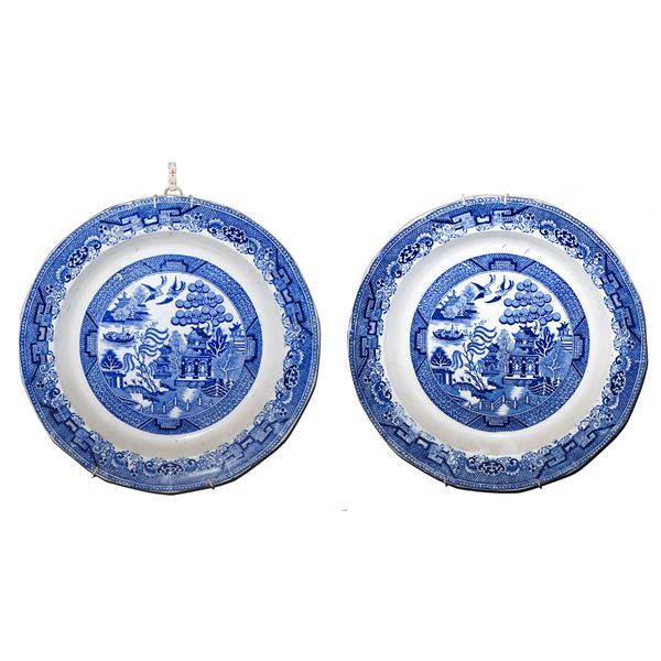 Pair of antique Blue white Staffordshire round plates