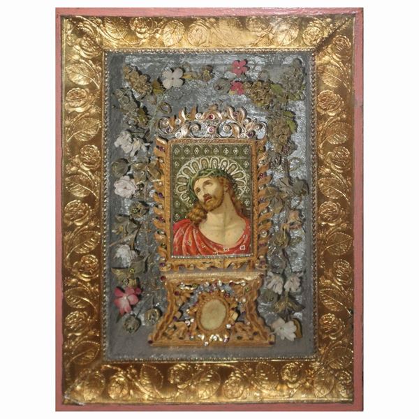 Capezzale in cornice dorata con immagine centrale Ecce Homo