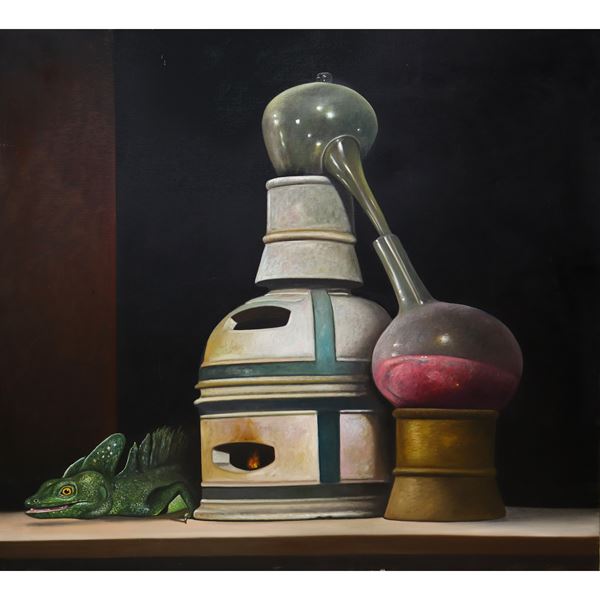 Antonio Sciacca - Still life with alembic and green lizard