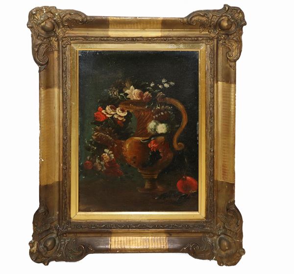 Still life with vase of flowers and pomegranate