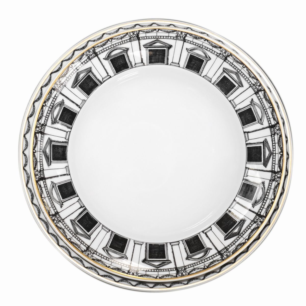 Servizio di Piatti in Porcellana per 12, Decoro Palladiana. Piero Fornasetti per Rosenthal