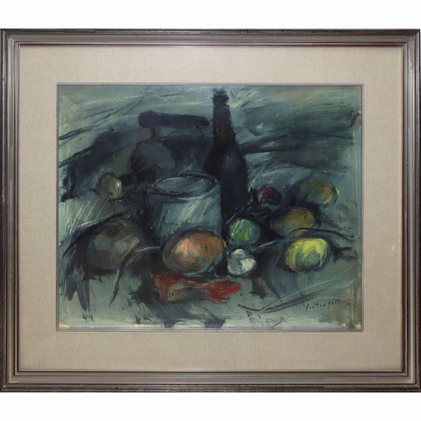 Francesco Contrafatto - Still life of bottles, vase and fruit