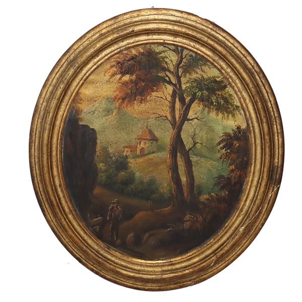 Oval, landscape with tree and farmer