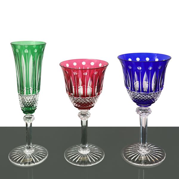 Saint Louis - Servizio di bicchieri in cristallo da 12, totali 36, mod Tommy nei colori  rosso, blue, verde 