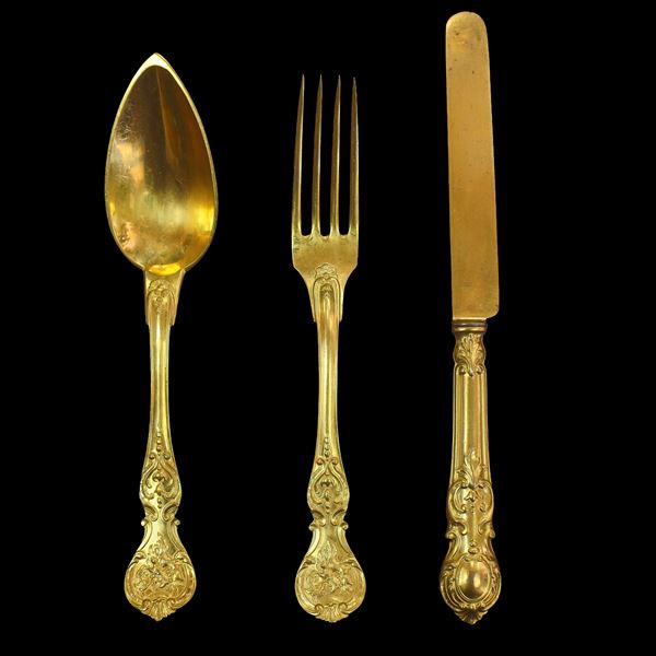 French Christofle - Antique cutlery set for 12, gold plated