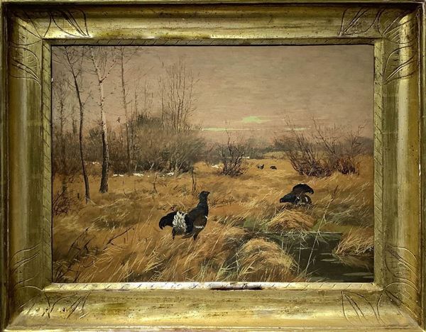 Field with birds  ( early 20th century)  - Oil painting on masonite - Auction Antique, Modern and Contemporary paintings - Casa d'aste La Rosa