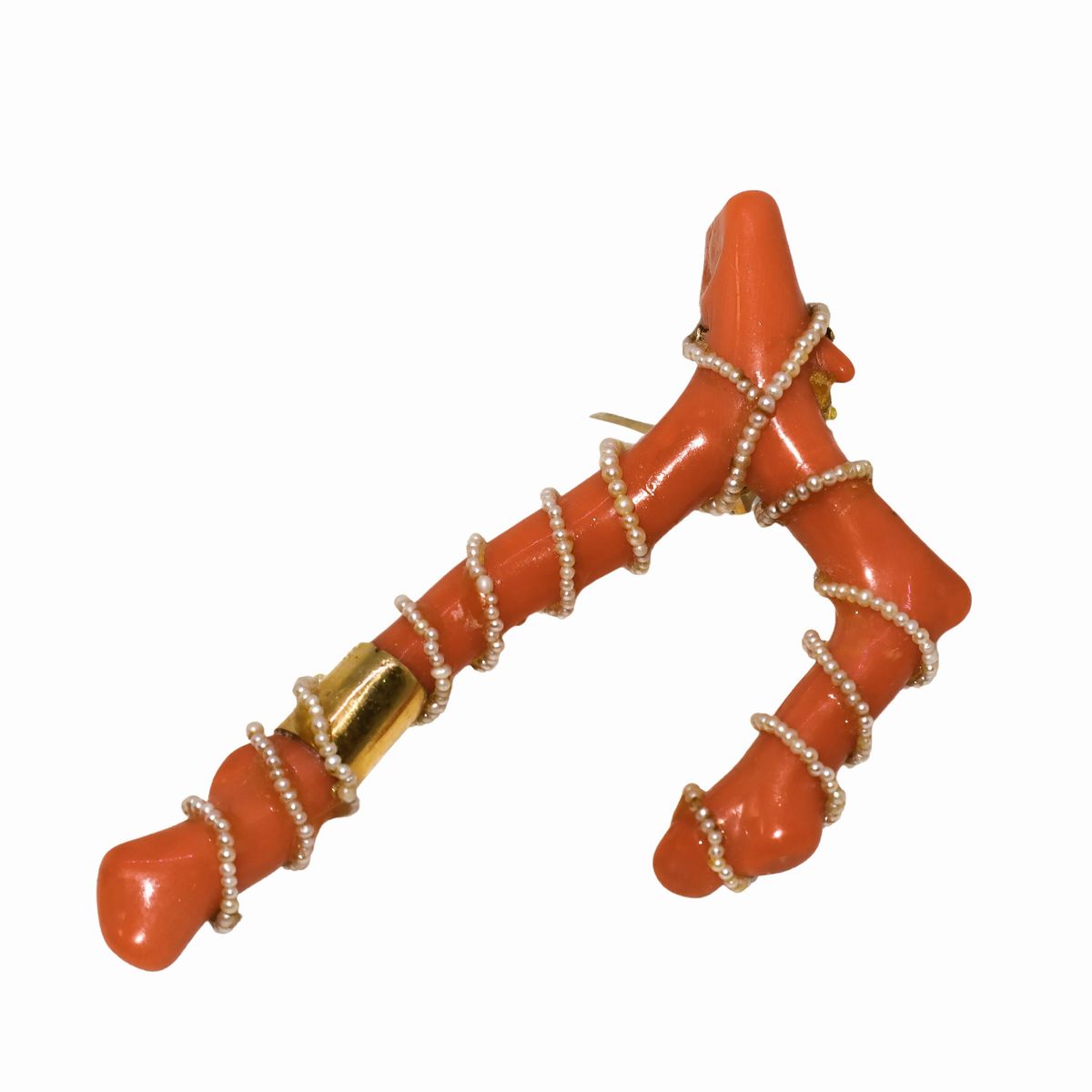 Spilla in Oro 18 Kt, Ramo in Corallo e Perline