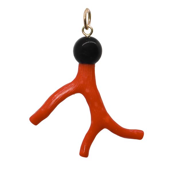 Pendant, coral branch with onyx