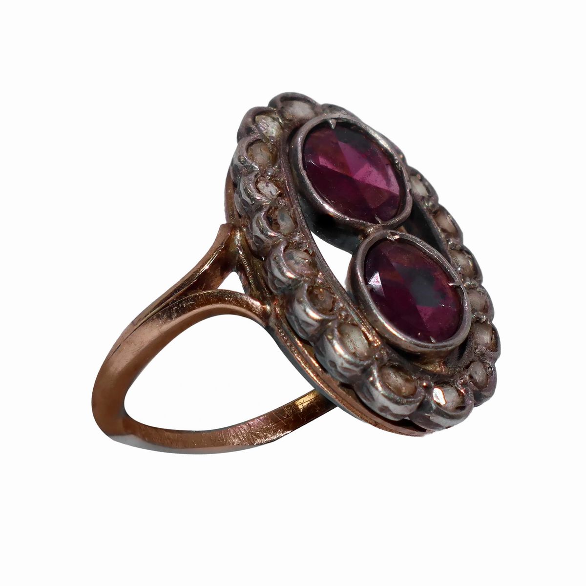 Anello in Oro 18 Kt , Argento e 2 Tormaline Ovali Girato da Diamanti