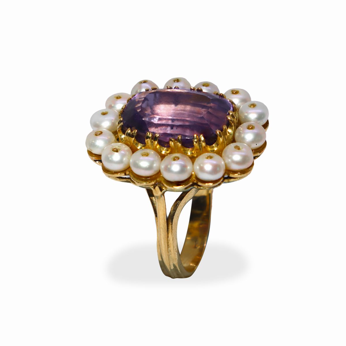 Anello in Oro 18 Kt con Pietra Viola e Giro di Perle