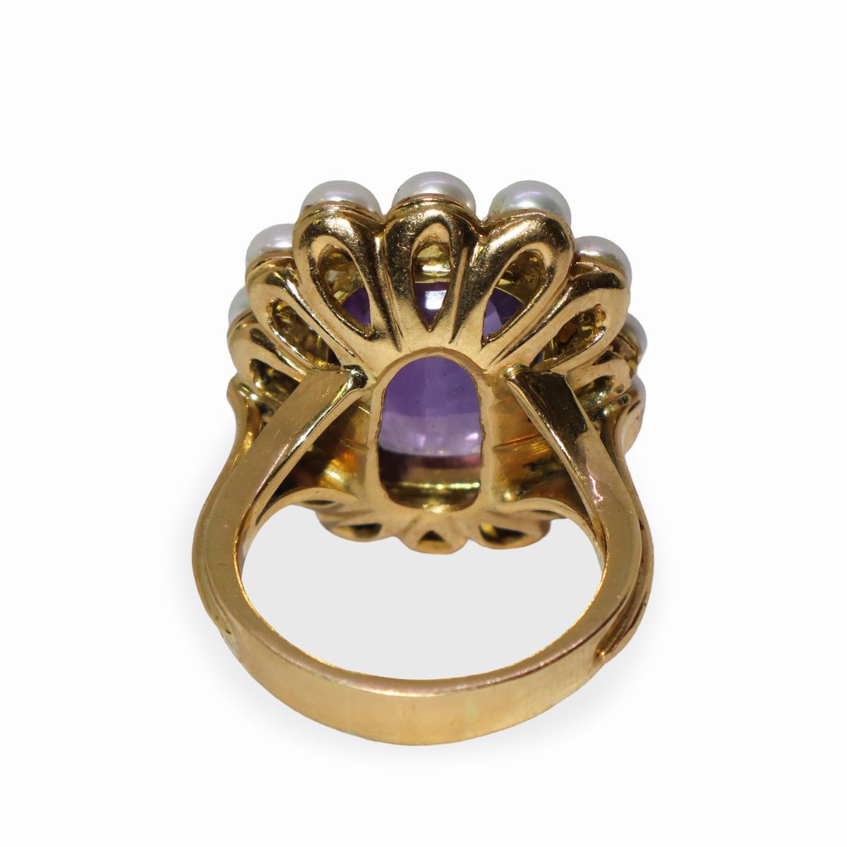 Anello in Oro 18 Kt con Pietra Viola e Giro di Perle