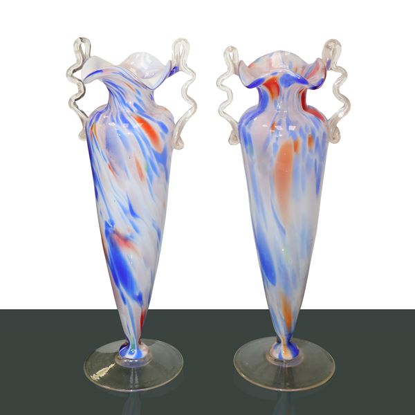 Fratelli Toso - Coppia vasi in vetro di Murano nei toni del blu e dell'arancione
