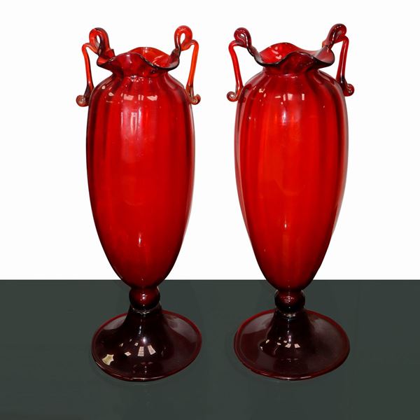 Pair of red Murano glass vases