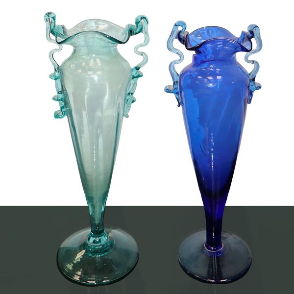 Coppia vasi in vetro di Murano verde acqua e blu