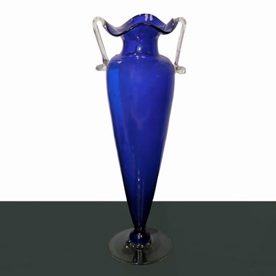 Vaso in Vetro di Murano Blu, con Anse Trasparenti