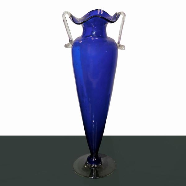 Vaso in vetro di Murano blu, con anse trasparenti