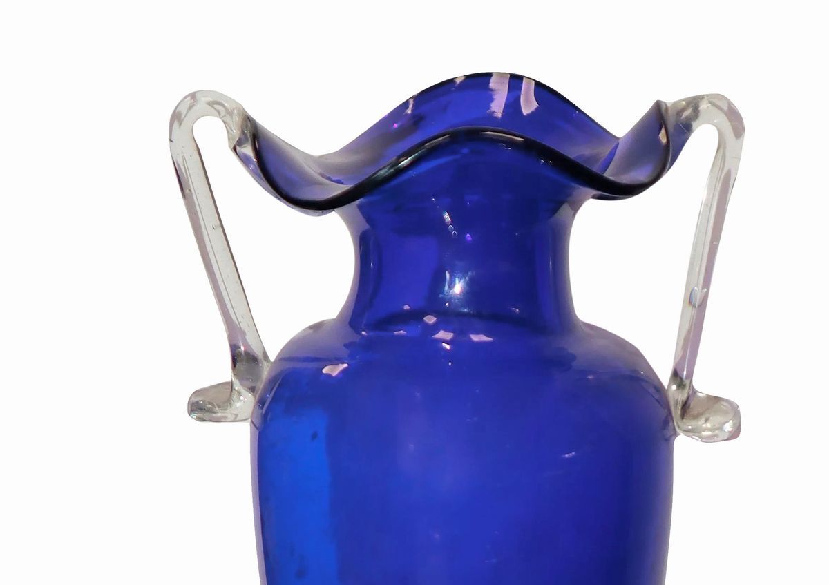 Vaso in Vetro di Murano Blu, con Anse Trasparenti