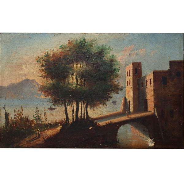 Paesaggio con ponte e alberi