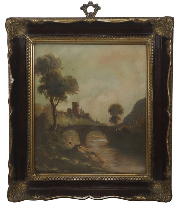 River landscape with a double-arched bridge and trees