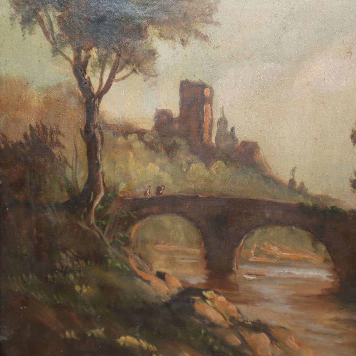 Paesaggio Fluviale con Ponte a Due Archi e Alberi