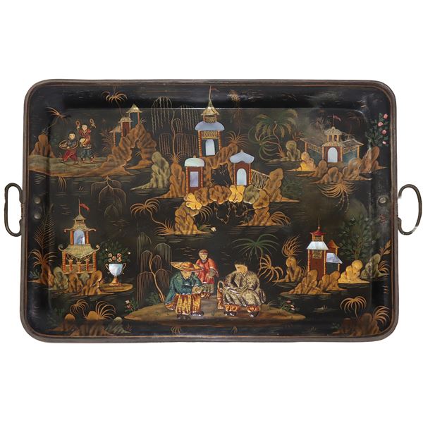 Metal tray painted with Chinese scenes and landscapes