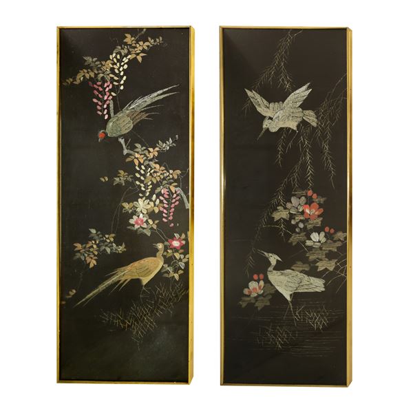 Pair of Chinese Paintings with Birds Embroidered on Silk