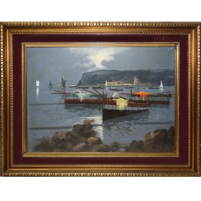 Marina con pescatore, olio su tela