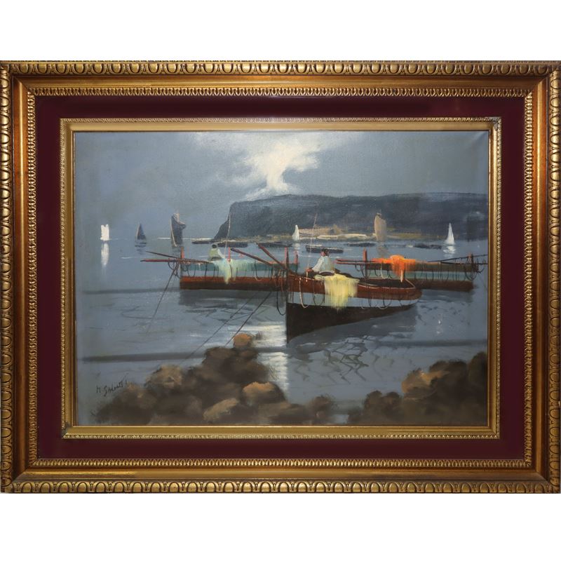 Marina con pescatore, olio su tela