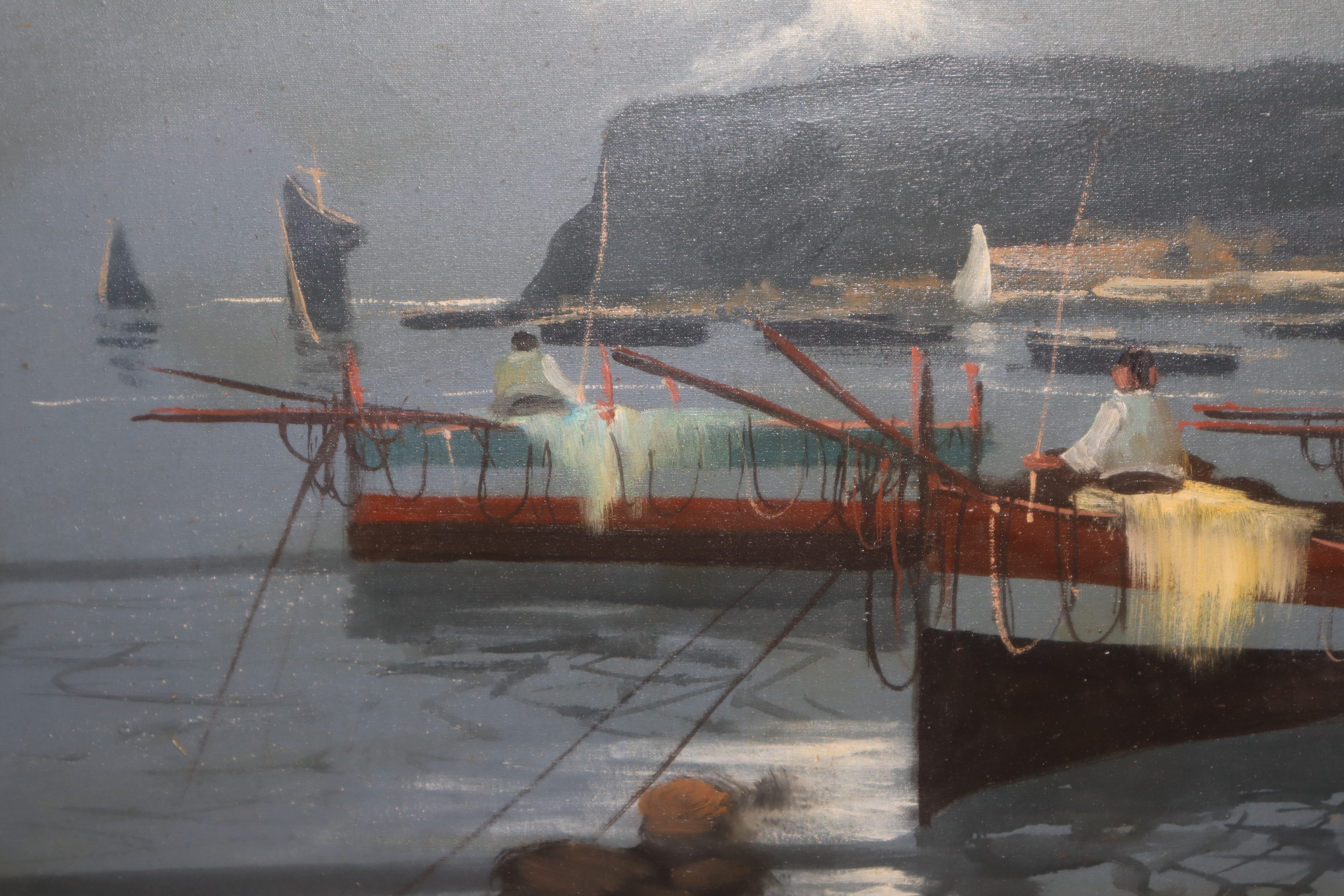 Marina con pescatore, olio su tela