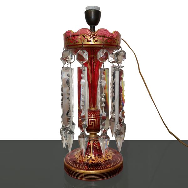 Lamp in colored glass and borders in gold and crystal brindoli