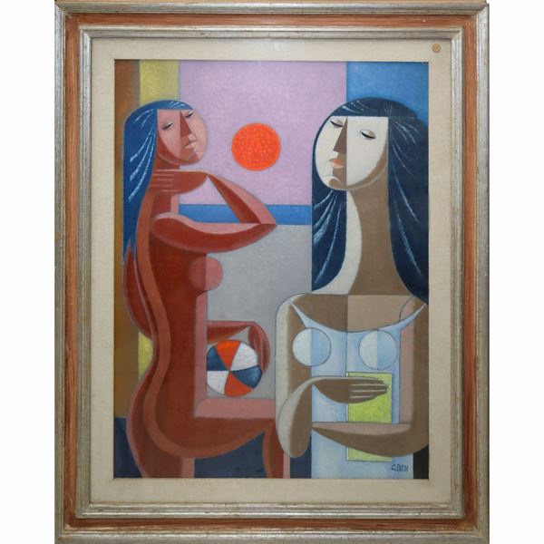 Stylized figures of women at sunset