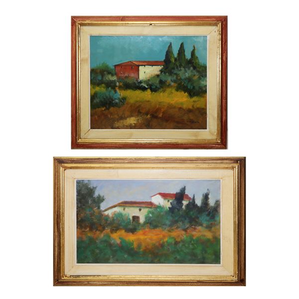 Coppia di dipinti, Paesaggio campestre con case