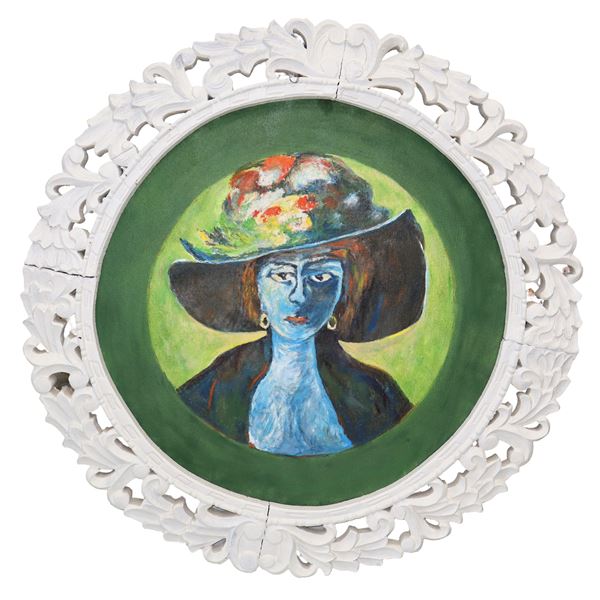 Oval portrait of a woman with a hat