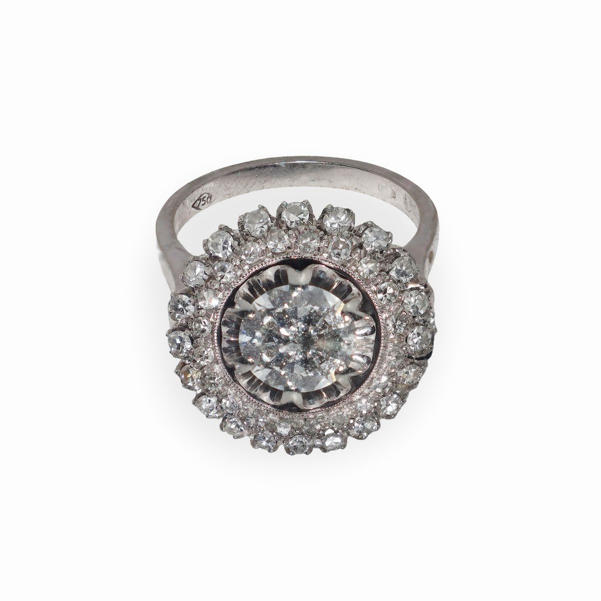 Anello con Diamante Centrale e 2 Ghiere con 40 Diamanti Taglio Antico