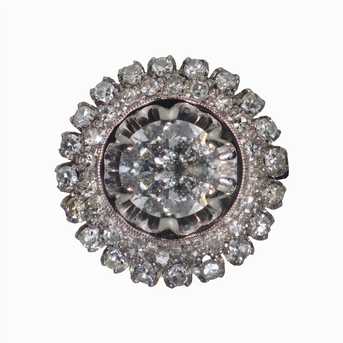 Anello con Diamante Centrale e 2 Ghiere con 40 Diamanti Taglio Antico