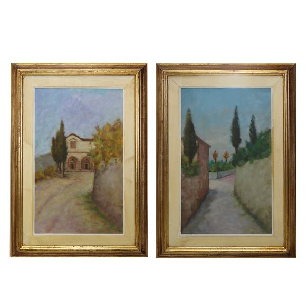 Coppia di dipinti, Strada con casa di campagna e Strada di campagna con cipressi