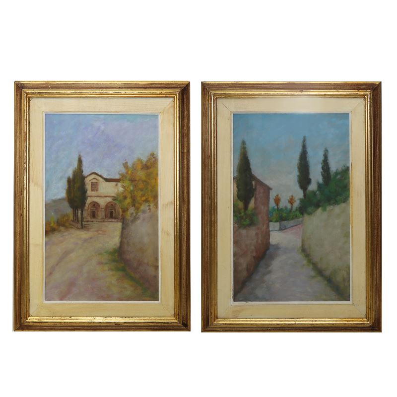 Coppia di Dipinti, Strada con Casa di Campagna e Strada di Campagna con Cipressi
