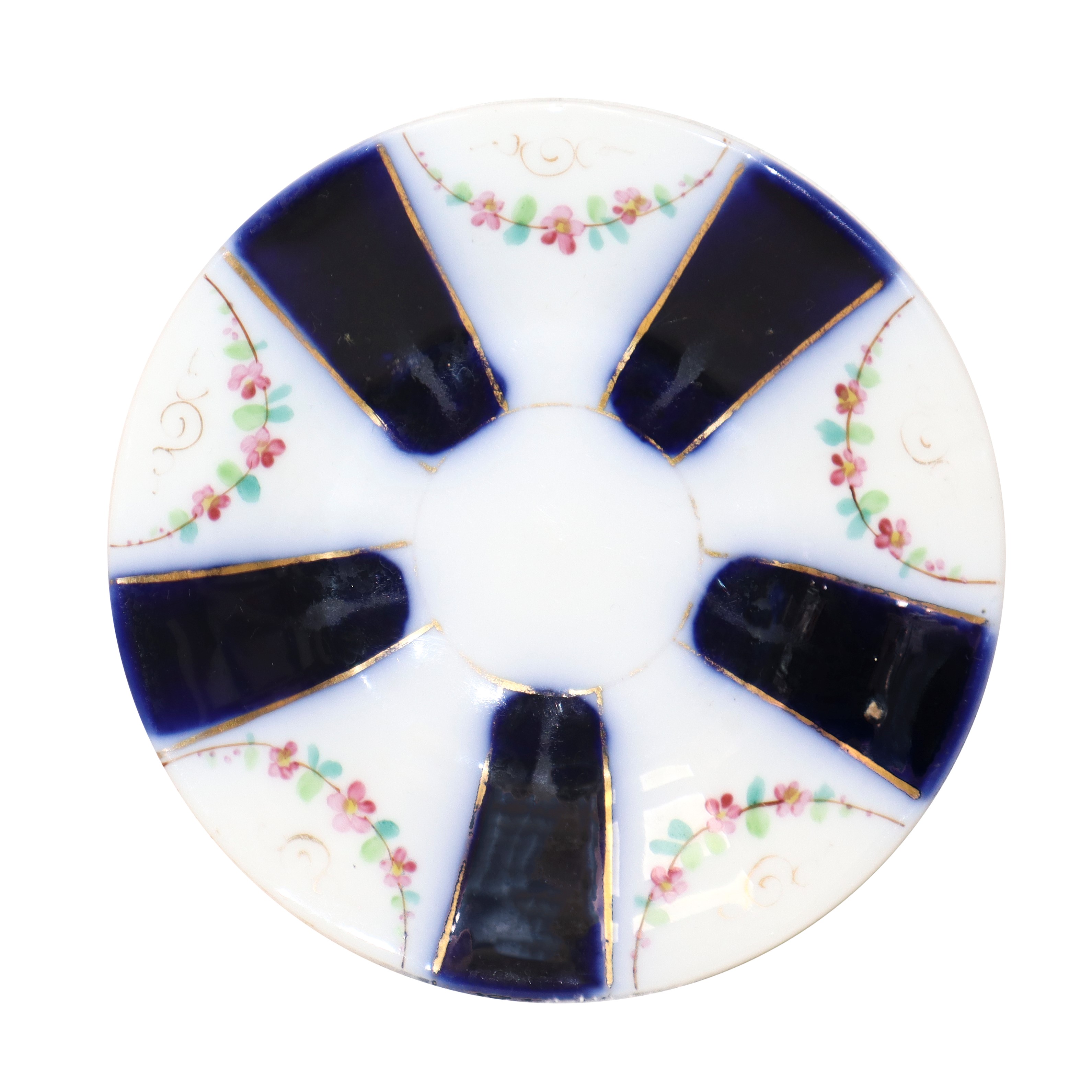 Servizio da tè in porcellana bianca e blu con ghirlande a fiori policromi.