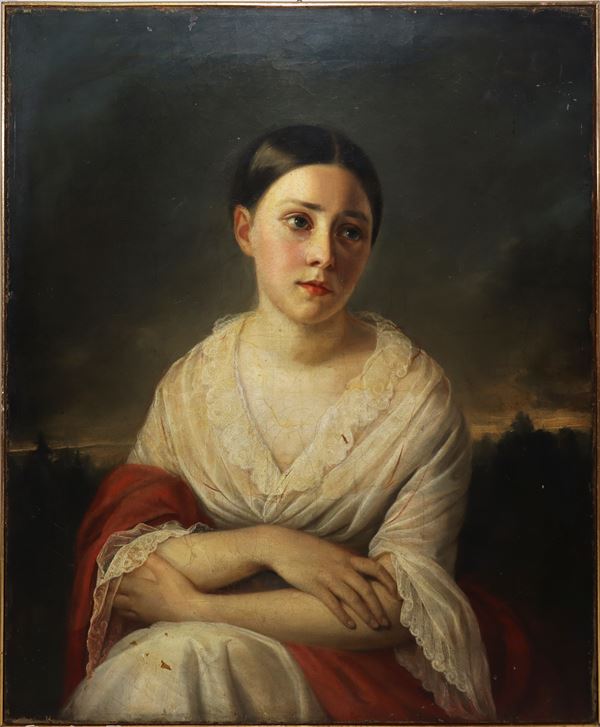 Ritratto di giovane donna con paesaggio sullo sfondo