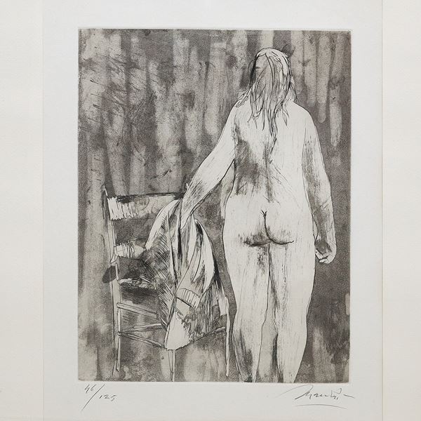 Giacomo Manz&#249; - Litografia nudo di donna con sedia