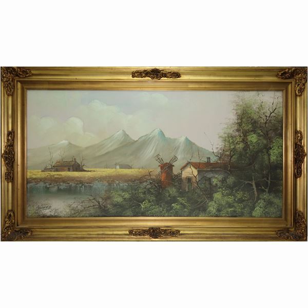 Landscape with windmill and mountains