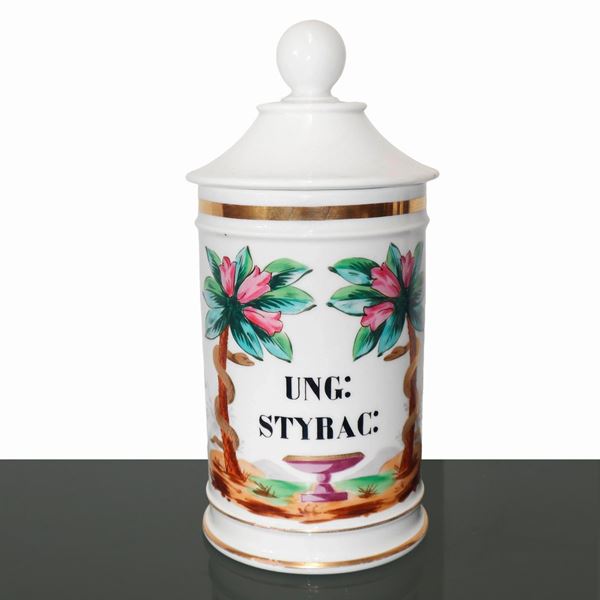 Apothecary jar with apothecary, floral and gold decorations