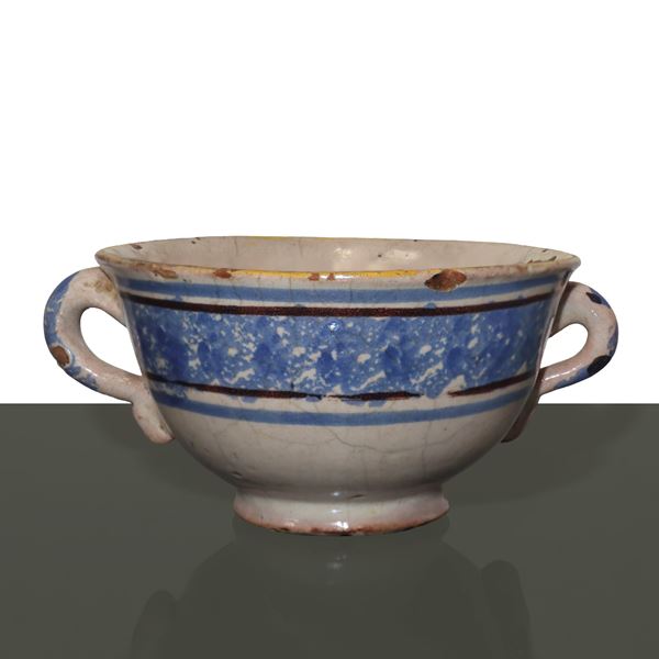 Small bowl with handles in Vietri majolica in shades of blue and manganese