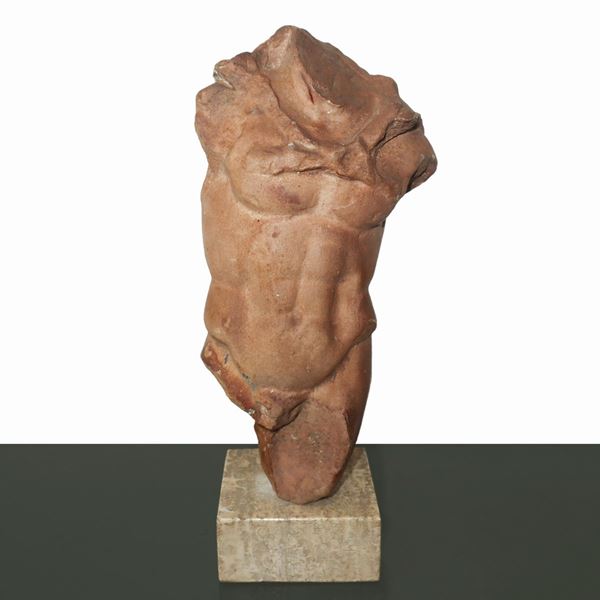 Torso of a Roman man in patinated brown plaster